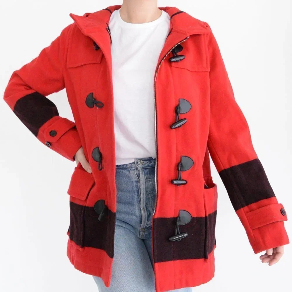 Stylish Red Toggle Pea Coat